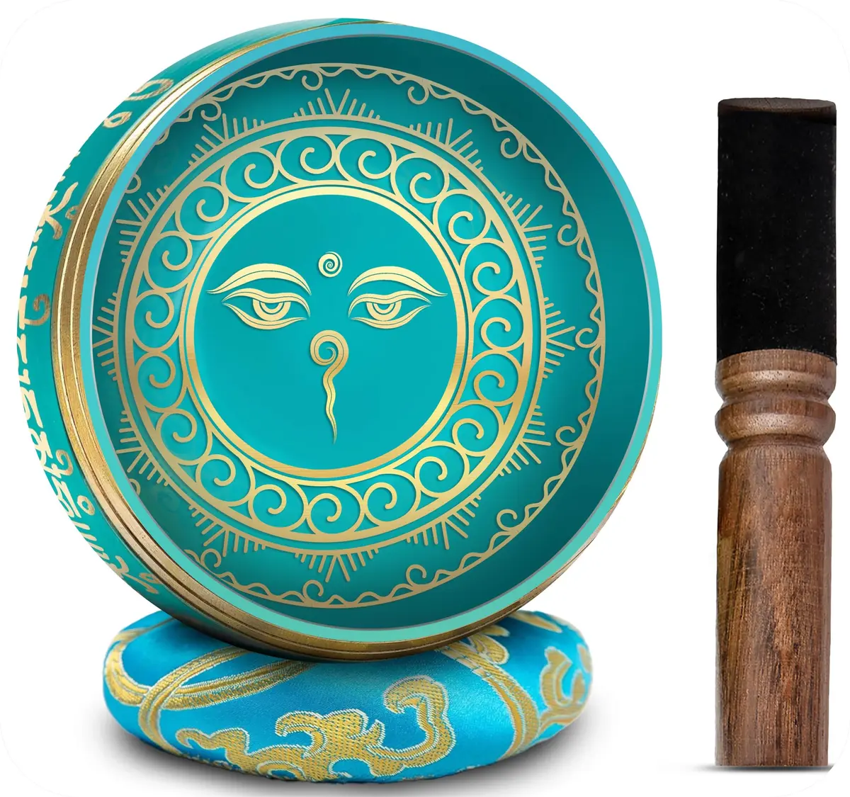 Conjunto de tigelas de canto tibetano - 10 cm, fácil de tocar, autêntico, feito à mão para som de meditação, cura de 7 chacras da HIMALAYAN BAZAAR (azul turquesa, 10 cm) - 1