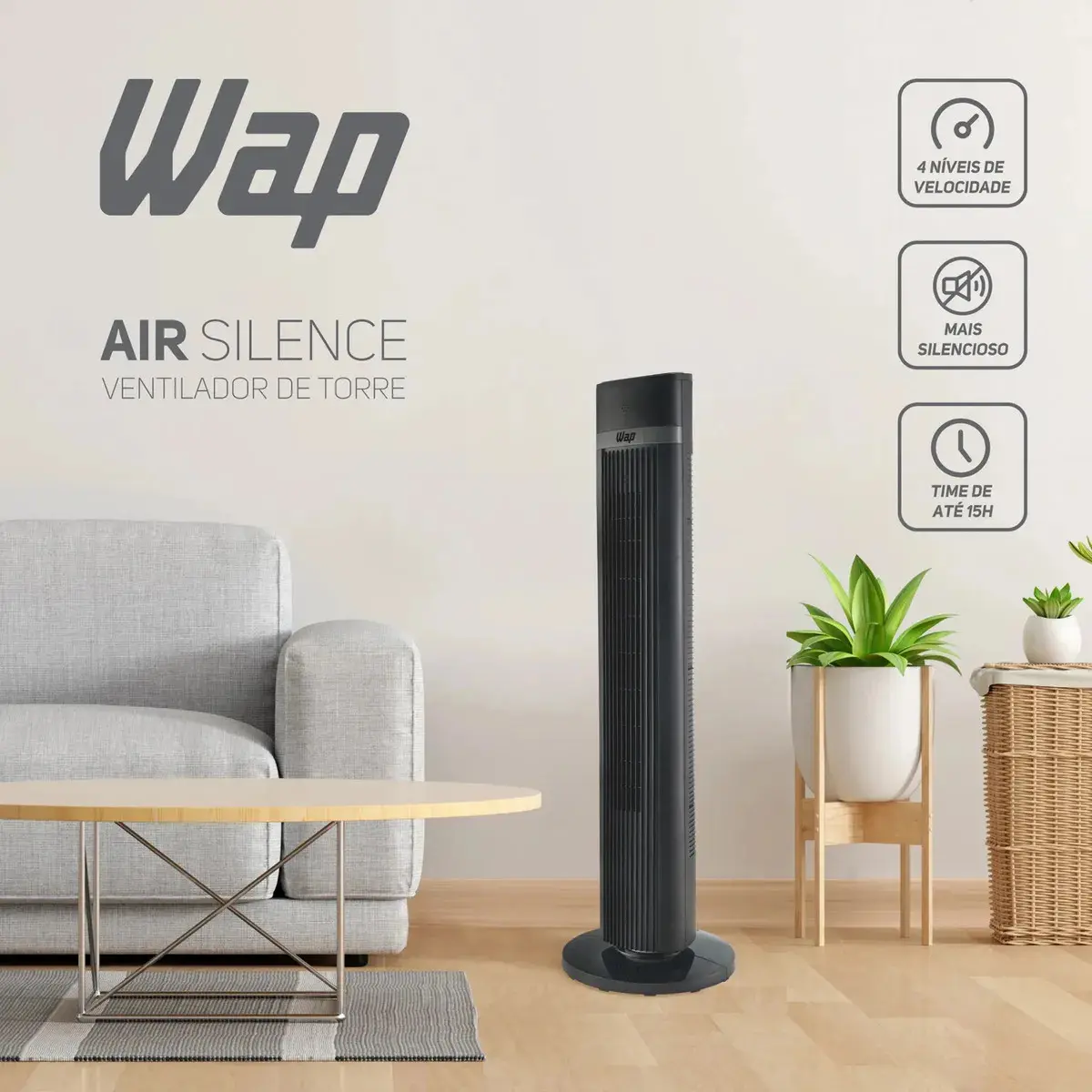Ventilador Torre AIR SILENCE WAP Silencioso Oscilante com Controle Remoto 4 Velocidades e Desligamento Automático thumbnail 2