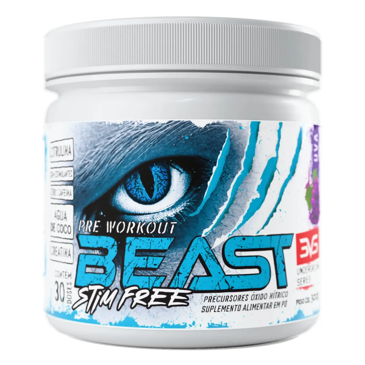 3VS Nutrition Pre Treino BEAST STIM FREE 300g - Sem Cafeína - Com Citrulina, Beta Alanina, Creatina, Arginina, Taurina e Tirosina 300gr, Sabor Uva