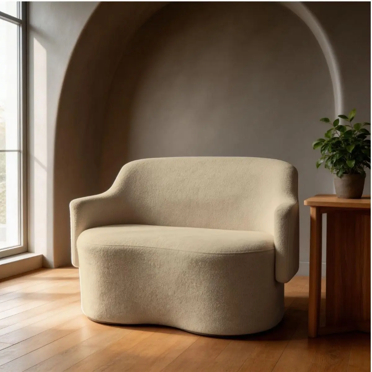 Namoradeira Sofá 2 lugares Organica Decorativa Moderna Elegante Estofada Redonda Design Minimalista Sala Estar Recepção Escritório Confortável (CAPPUCCINO)