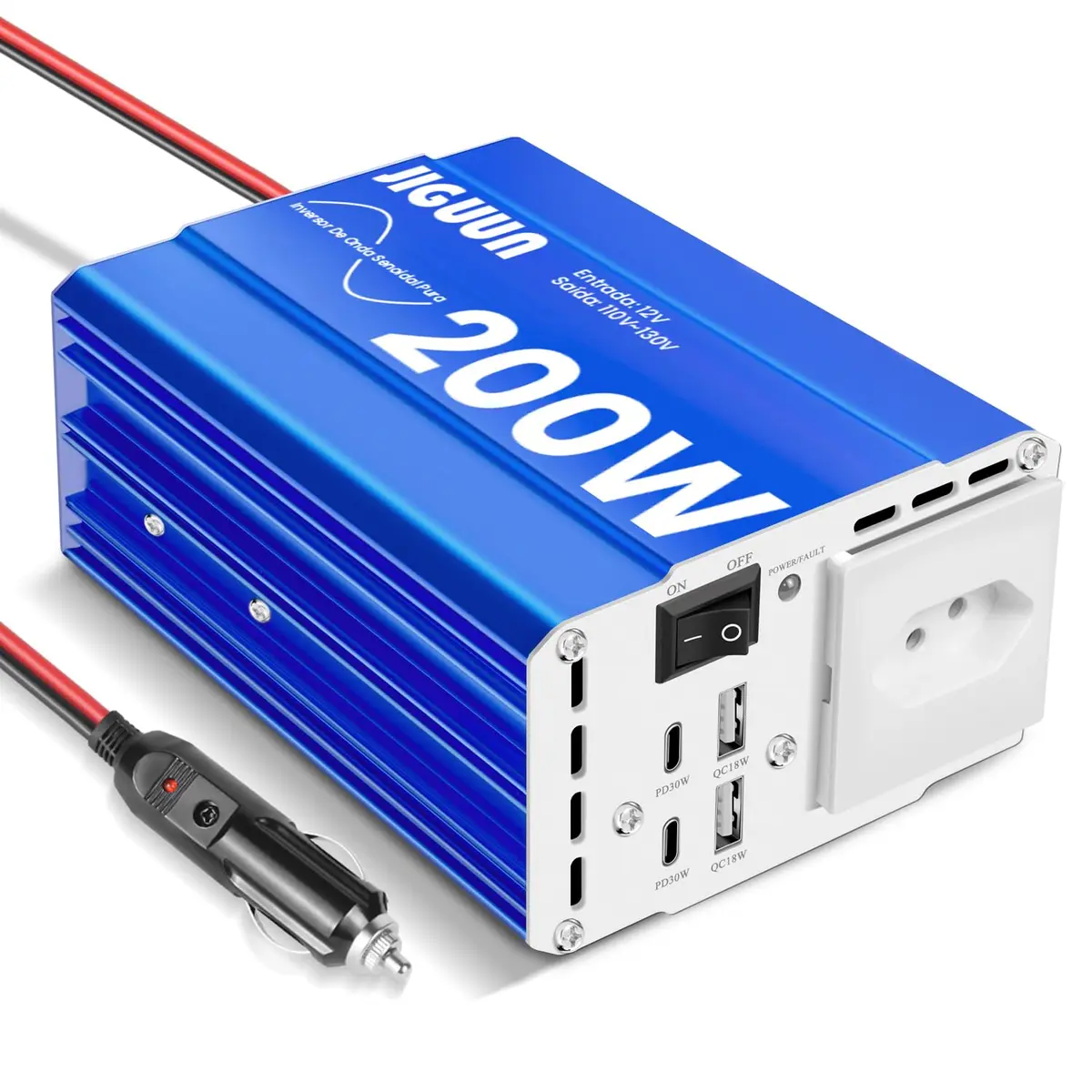 Inversor Onda Senoidal Pura 200W 12V para 110/120V | 4 portas USB (2x PD 30W + 2x QC 3.0), Pico 400W, para carro/caminhão/RV, Ideal para Notebook e Celular
