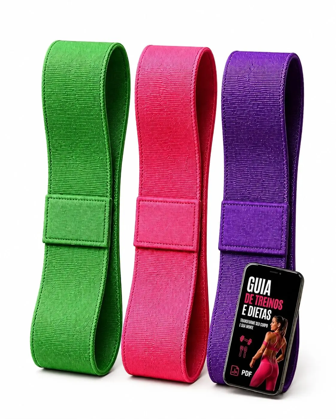 Kit 3 Faixas Elásticas Hip Band em Tecido Premium Antideslizante | Bônus: Ebook com Treinos e Dietas para Potencializar seus Resultados