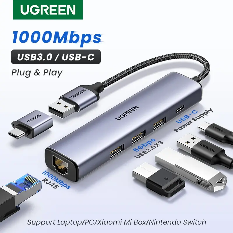 UGREEN USB Ethernet Adaptador 1000/100Mbps USB3.0/USB2.0 HUB USB para RJ45 USB Lan para Laptop PC Xiaomi Mi Box Nintendo Switch Lenovo Macbook Mac OS Windows Linux USB-C HUB Network Card Gigabit Internet Adapter - 1
