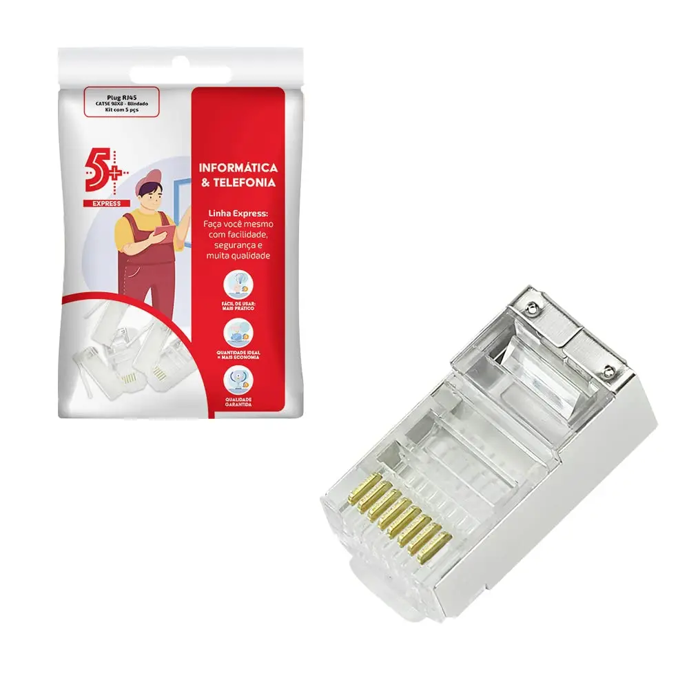 Plug RJ45 - Cat5e - 8x8 - Blindado - Kit Com 5 Pcs - 1