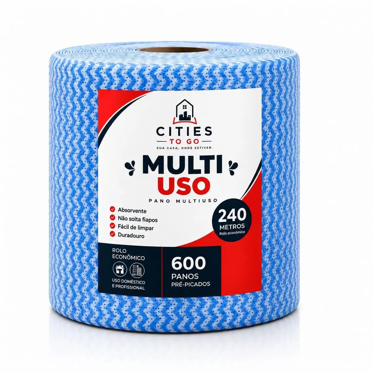 Pano Rolo Azul 20x40cm 600 Panos 240 Metros - Cities to Go | 20x40cm, Pré-picotado, Alta Absorção,Reutilizável, Uso Doméstico e Profissional - 1