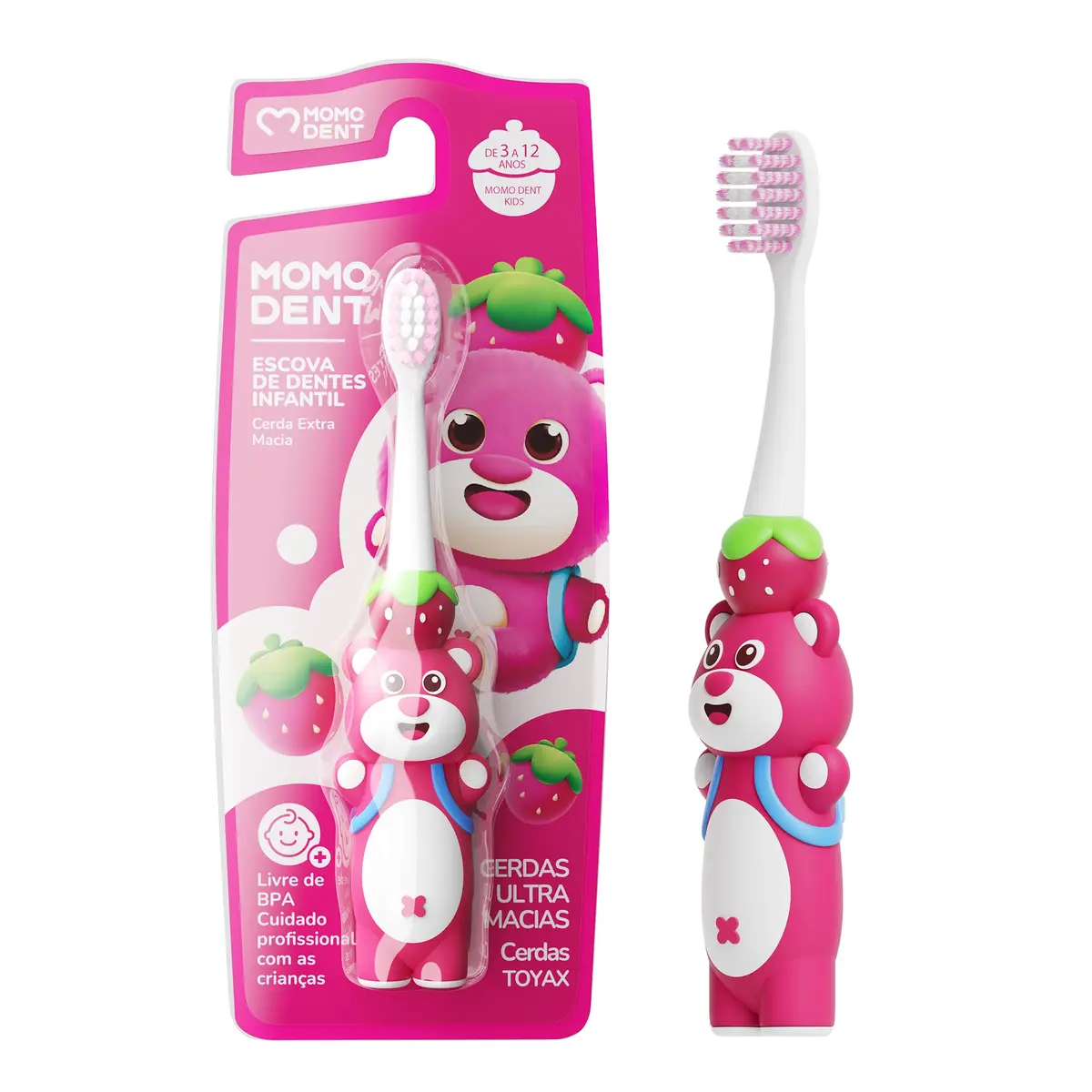 MOMODENT Escova de Dente Infantil com Cerdas Macias para Crianças de 3 a 12 Anos, Escova Infantil com Cuidado Gengival, Cabeça Pequena, Design Fofo em Cartoon, Cabo Ergonômico, BPA Free (Rosa) - 1