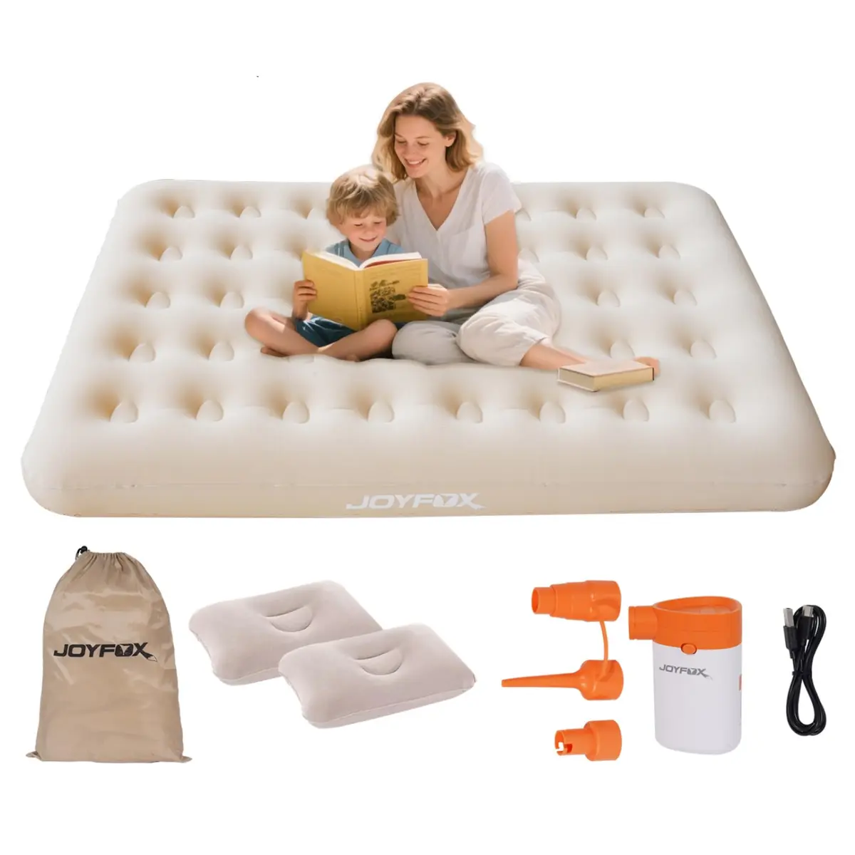 JOYFOX Colchão Inflável Casal 191x137x22cm com Travesseiros e Bomba Elétrica Portátil – Confortável, Leve e Ideal para Camping, Viagem e Visitas