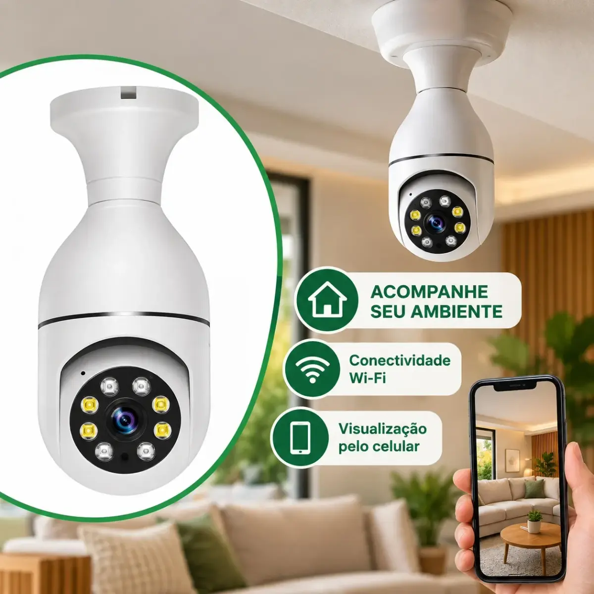 Câmera Wi-Fi Tipo Lâmpada com Visualização pelo Celular – Branca - 1