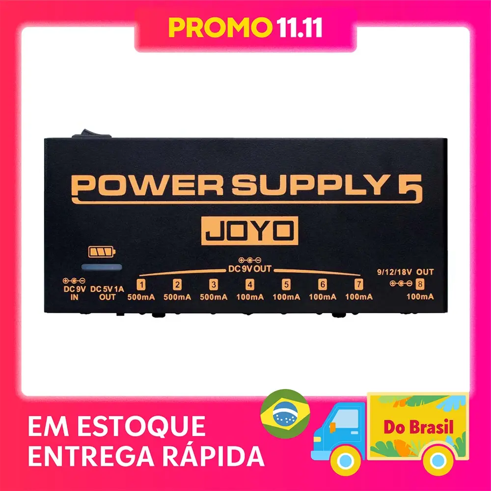 JOYO JP-05: Fonte de alimentação recarregável para pedais, com 8 saídas DC, tensões selecionáveis de 9V, 12V e 18V, e porta USB de 5V para pedais de efeitos de guitarra.