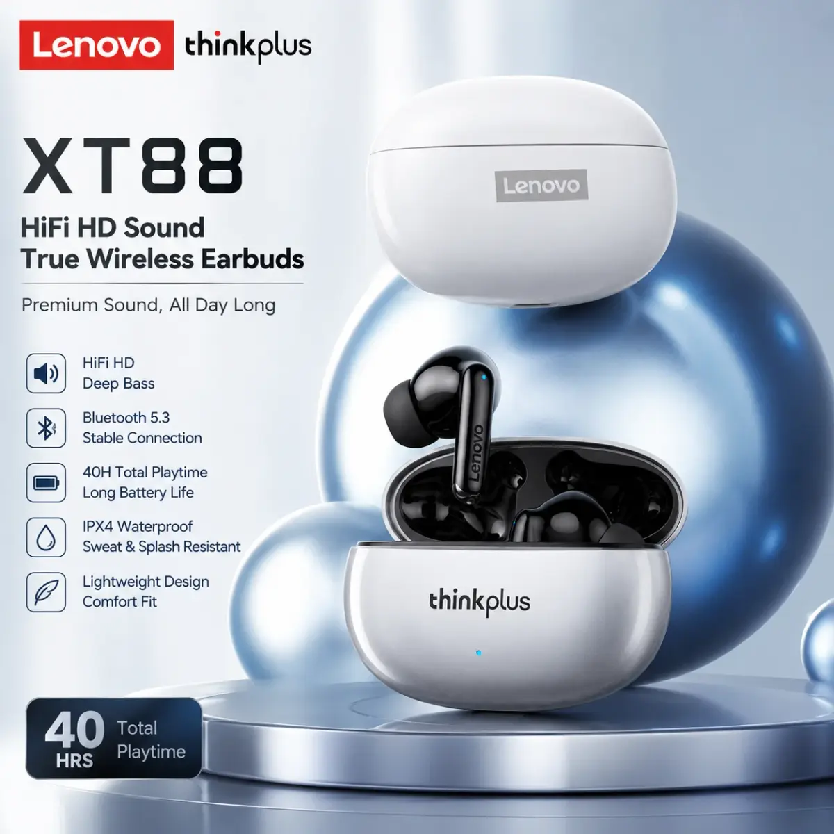 Fones de Ouvido Sem Fio Lenovo XT88 TWS Bluetooth com Microfone Duplo, Redução de Ruído ENC, Bass HIFI, Controle por Toque, Fones de Ouvido para Jogos - 1