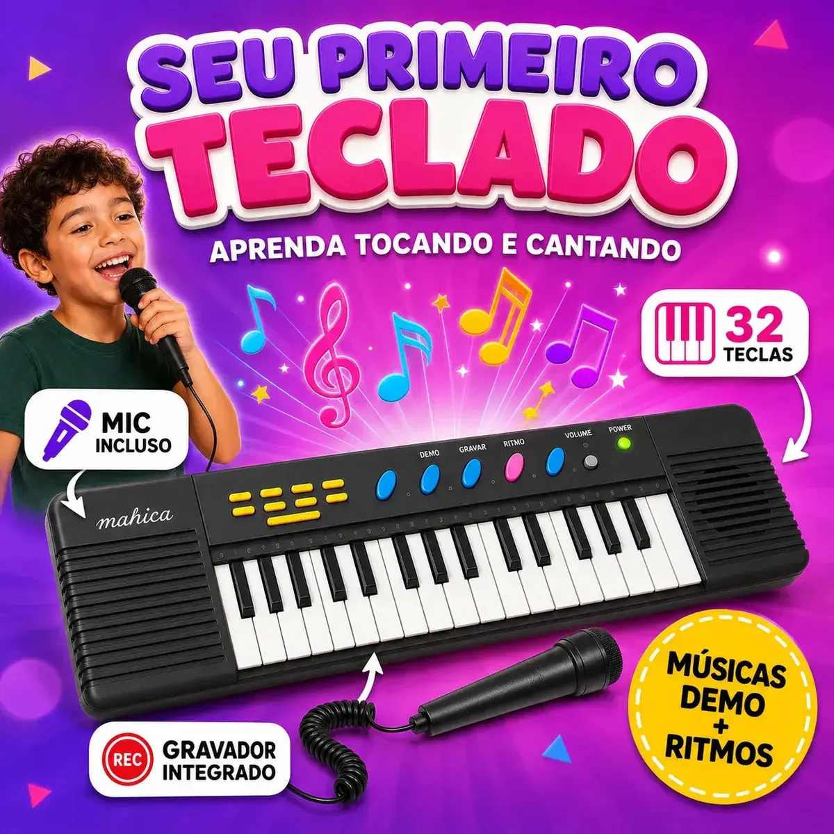 Teclado Infantil 32 Teclas Com Microfone Karaokê Brinquedo Presente Crianças Musical Educativo Kizumba Cor Preto thumbnail 2