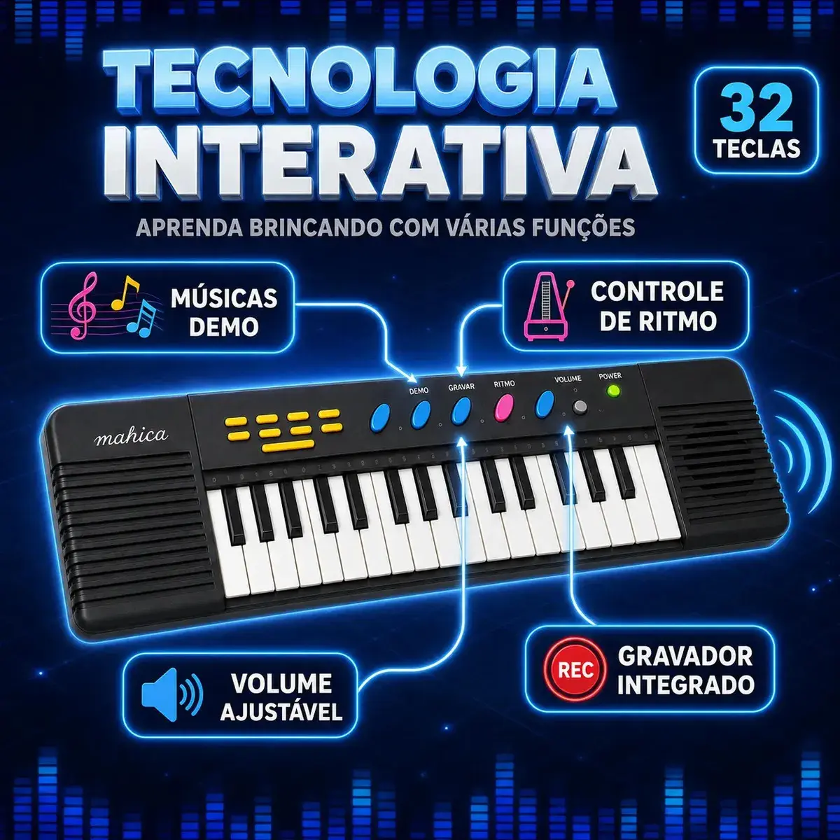 Teclado Infantil 32 Teclas Com Microfone Karaokê Brinquedo Presente Crianças Musical Educativo Kizumba Cor Preto thumbnail 3