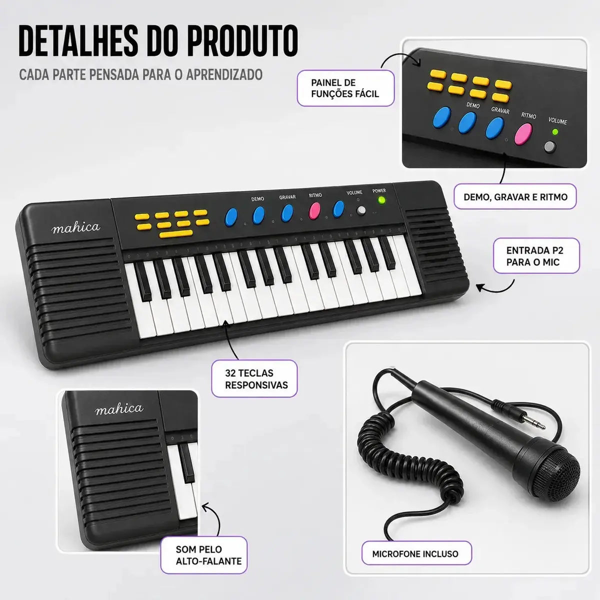 Teclado Infantil 32 Teclas Com Microfone Karaokê Brinquedo Presente Crianças Musical Educativo Kizumba Cor Preto thumbnail 4