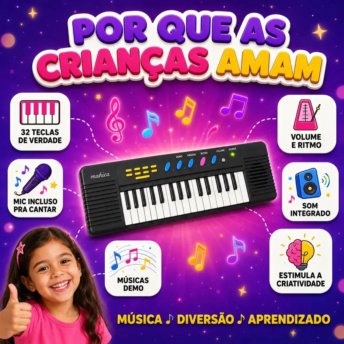 Teclado Infantil 32 Teclas Com Microfone Karaokê Brinquedo Presente Crianças Musical Educativo Kizumba Cor Preto thumbnail 5