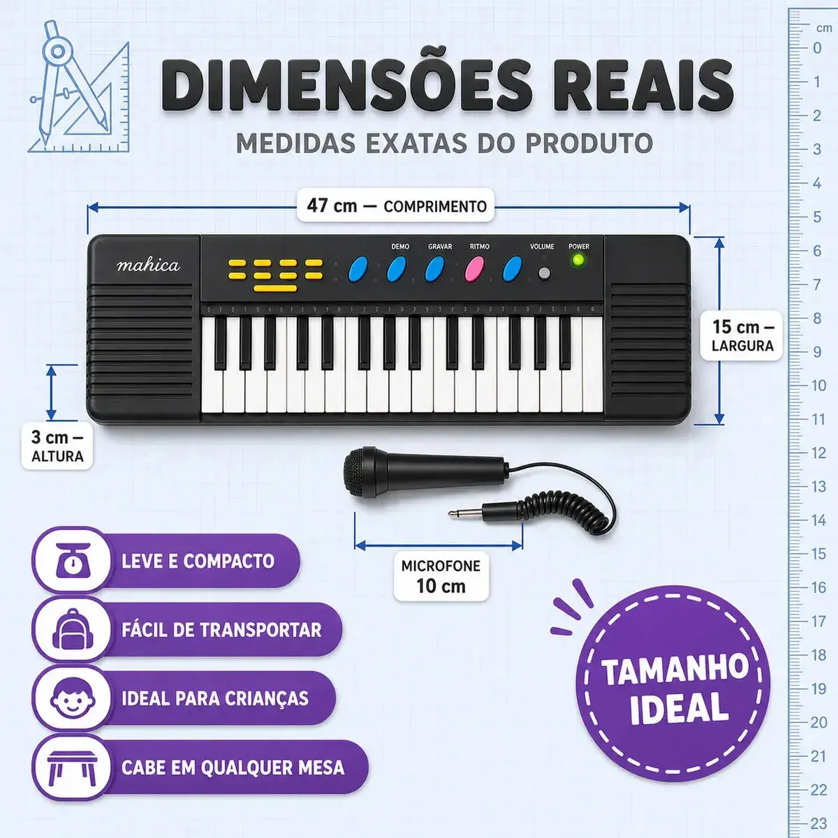 Teclado Infantil 32 Teclas Com Microfone Karaokê Brinquedo Presente Crianças Musical Educativo Kizumba Cor Preto thumbnail 6