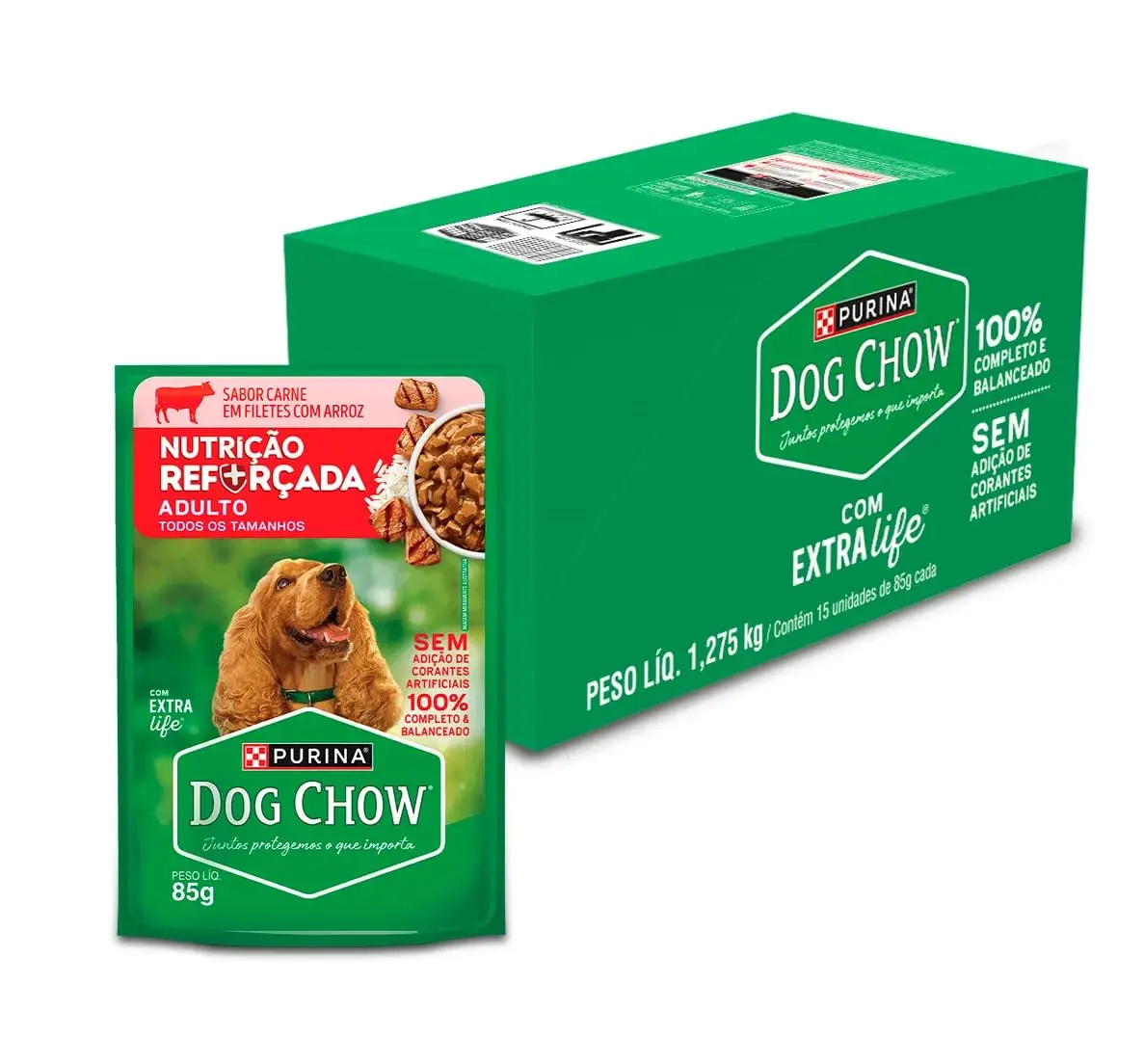 Ração Úmida DOG CHOW® NUTRIÇÃO REFORÇADA para Cães Adultos Sabor carne em Filetes com Arroz 85g - 15 unidades
