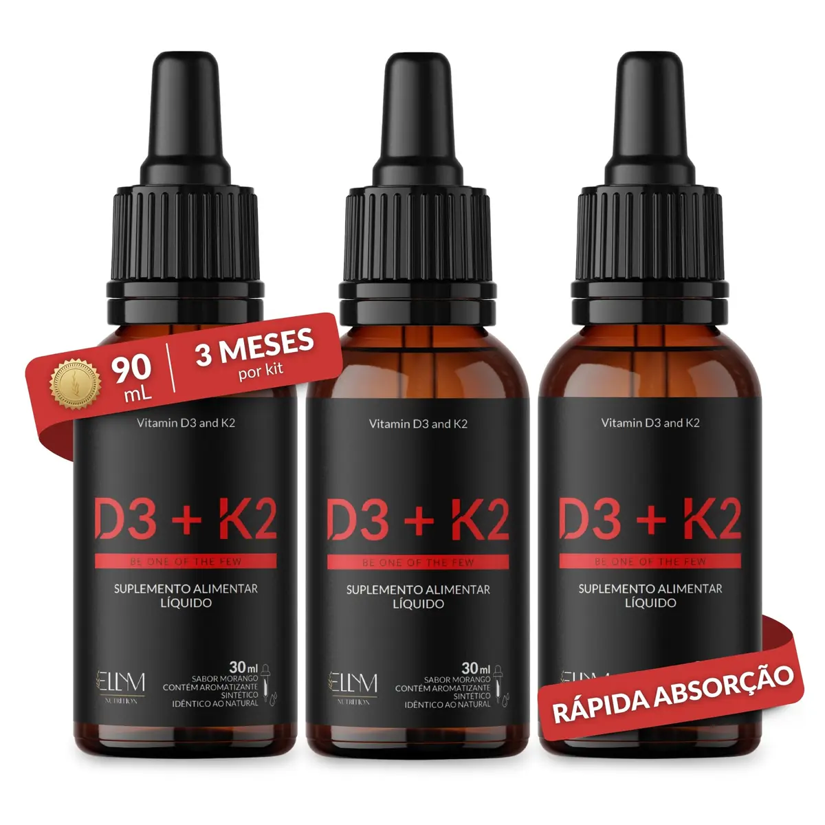 Vitamina D3 K2 MK7 Gotas 2000UI 120mcg 90ml Colecalciferol ELLYM NUTRITION | 3 Frascos Menaquinona 7 Ativa Sublingual Sabor Morango Oleo Linhaca Absorcao Calcio Fosforo Ossos Muscular Sistema Imune