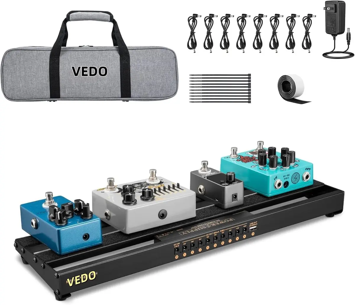 VEDO Pedalboard com Fonte de Alimentação 9 Saídas USB 9V 12V 18V Inclinado em Alumínio com Maleta e Cabos para Guitarra Baixo Efeitos VDG88012