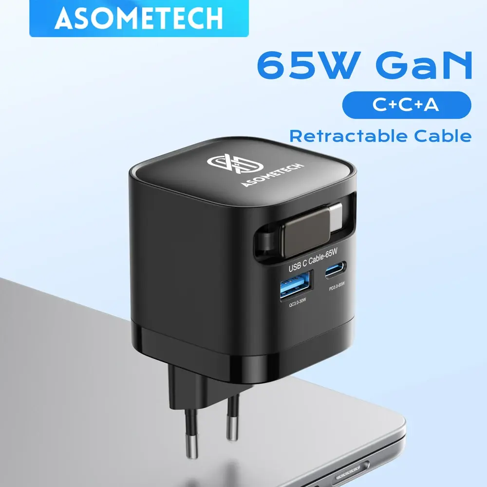 Carregador USB GaN 65W com cabo retrátil tipo C 3 portas QC4.0 PD3.0 PPS Carregador rápido para Macbook Laptop iPhone 16 15 14 Xiaomi - 1