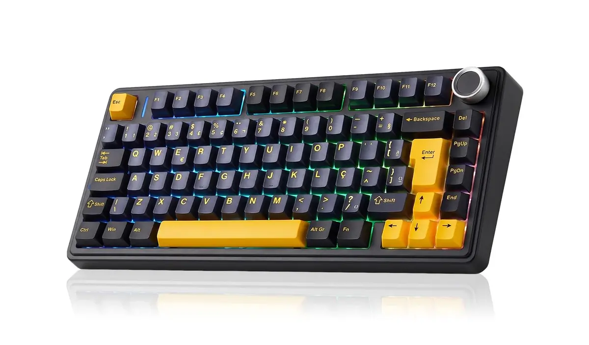 AULA F75 Teclado Mecanico Gamer Sem Fio,Teclado ABNT2 Mecânico Retro Preto | Teclado Mecânico Computador Com Knob Multifuncional,Hot Swap RGB,Personalizada,BT/2.4GHz/USB-C,4000mAh,para Dell/Win/Mac