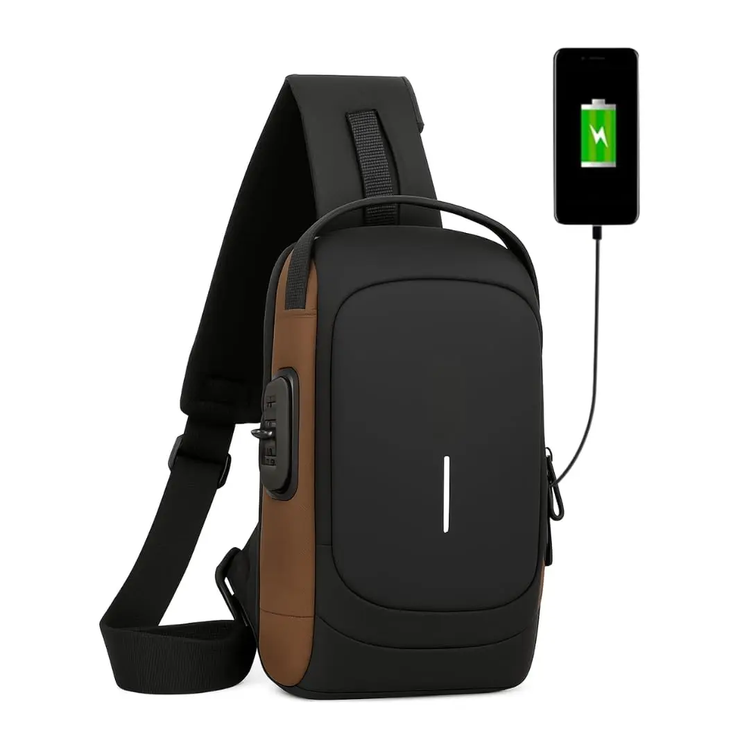 Mochila Transversal Masculina Mochila Feminina Unissex com cadeado à prova d água anti-roubo bolsa com porta de carregamento USB bolsa de ombro Impermeável Premium
