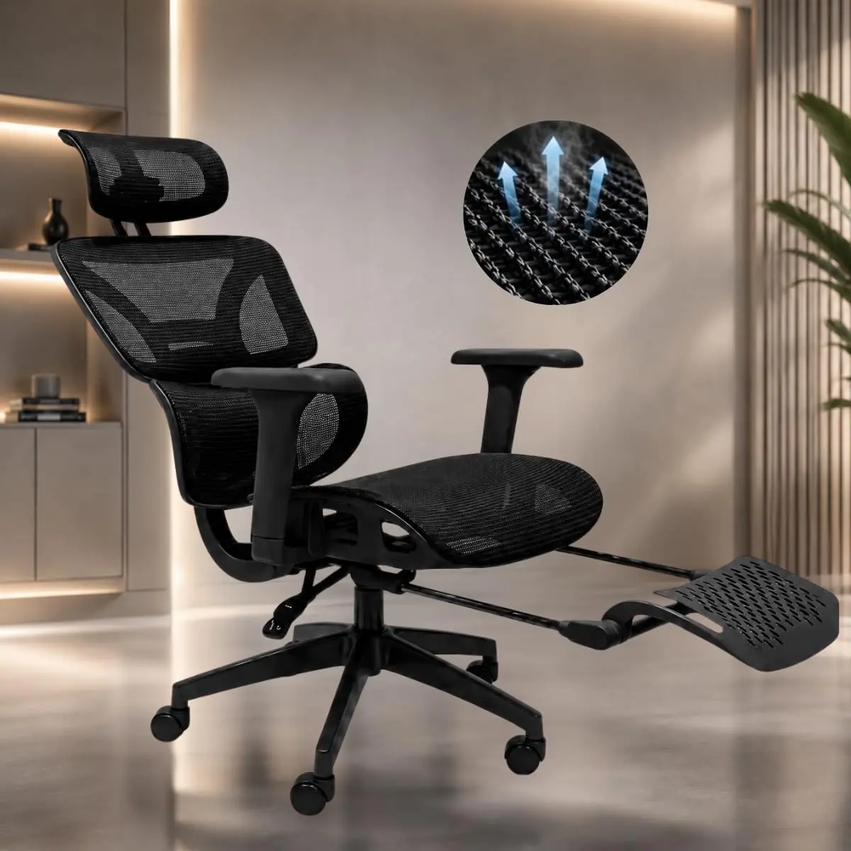 Cadeira Ergonômica Escritório Reclinável Vmstark com Apoio para Pés Ajuste Lombar Pescoço até 150kg (Preto)