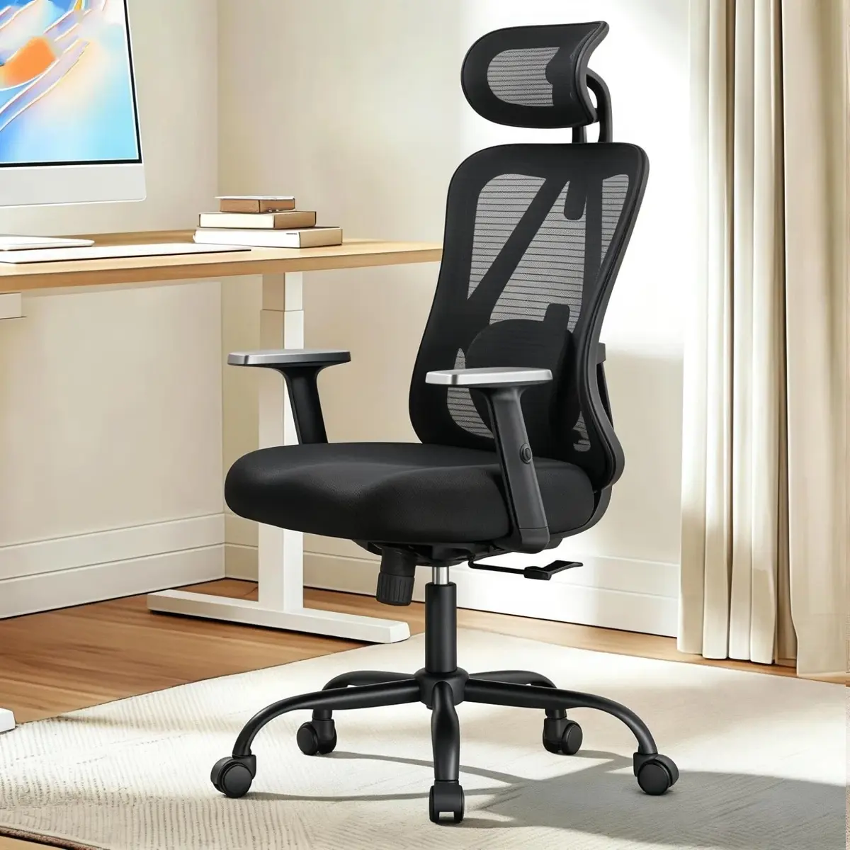 Cadeira de Escritório Ergonômica Preta, Mesh Respirável com Apoio Lombar | Altura Ajustável, Home Office, Design Giratório