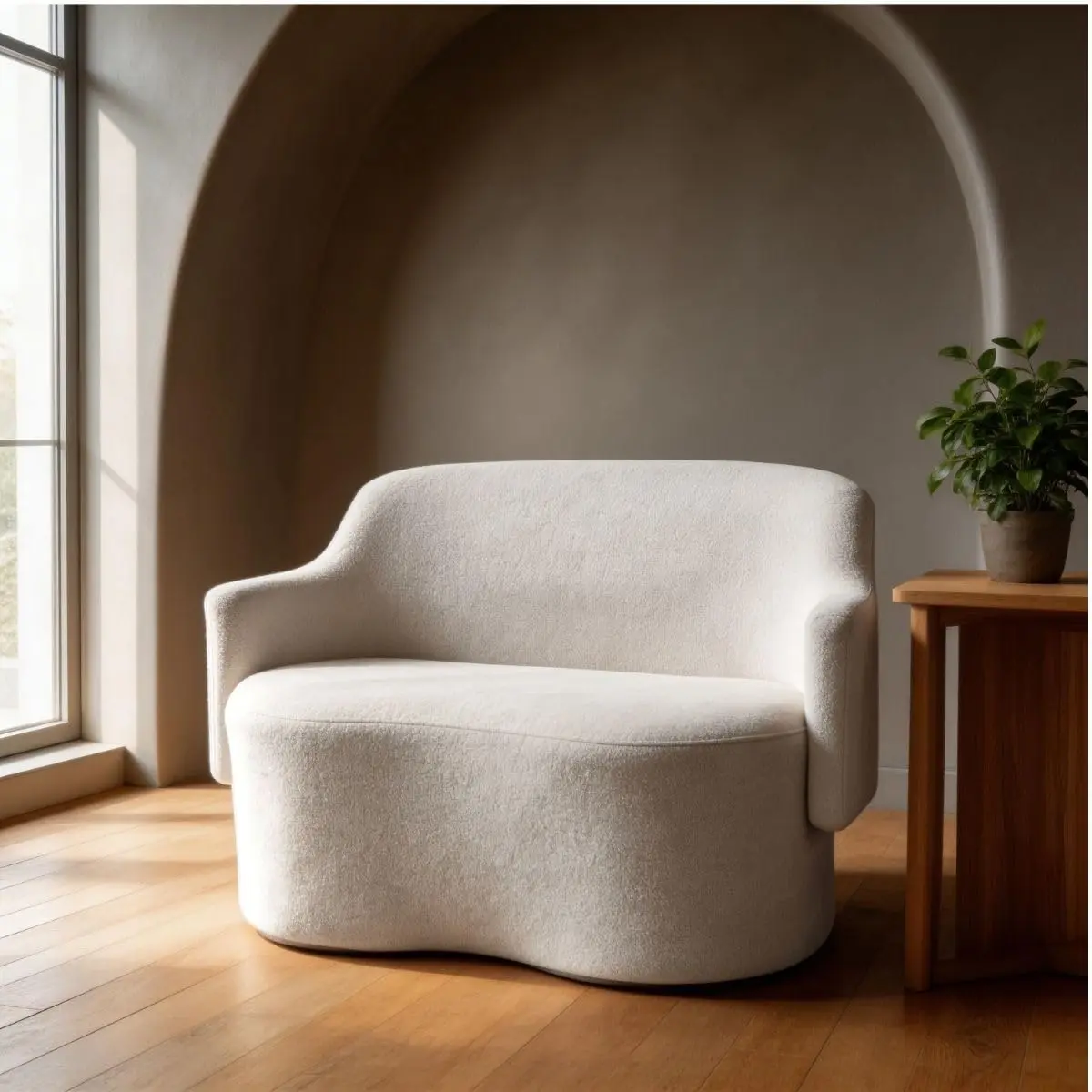 Namoradeira Sofá 2 lugares Organica Decorativa Moderna Elegante Estofada Redonda Design Minimalista Sala Estar Recepção Escritório Confortável (BEGE)
