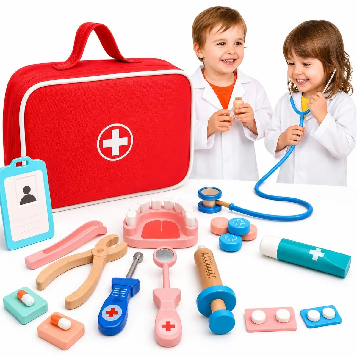 Kit Médico Infantil Montessori em Madeira 20 Peças com Maleta Vermelha