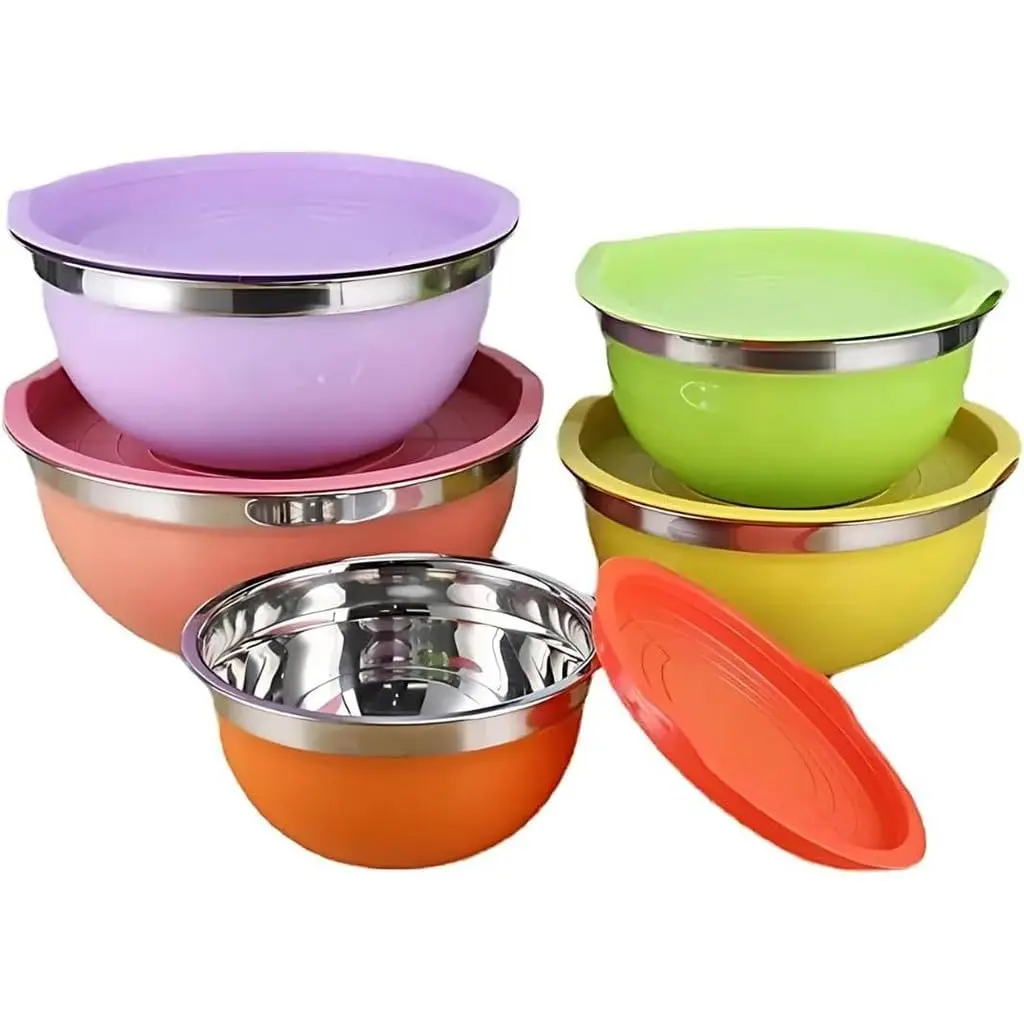 Conjunto 5 Bowls Inox Coloridos com Tampa, Kit Tigelas de Cozinha Multiuso | Kit de Vasilhas Empilháveis para Salada, Alimentos, Cozinha e Geladeira | 1,7L a 4,5L