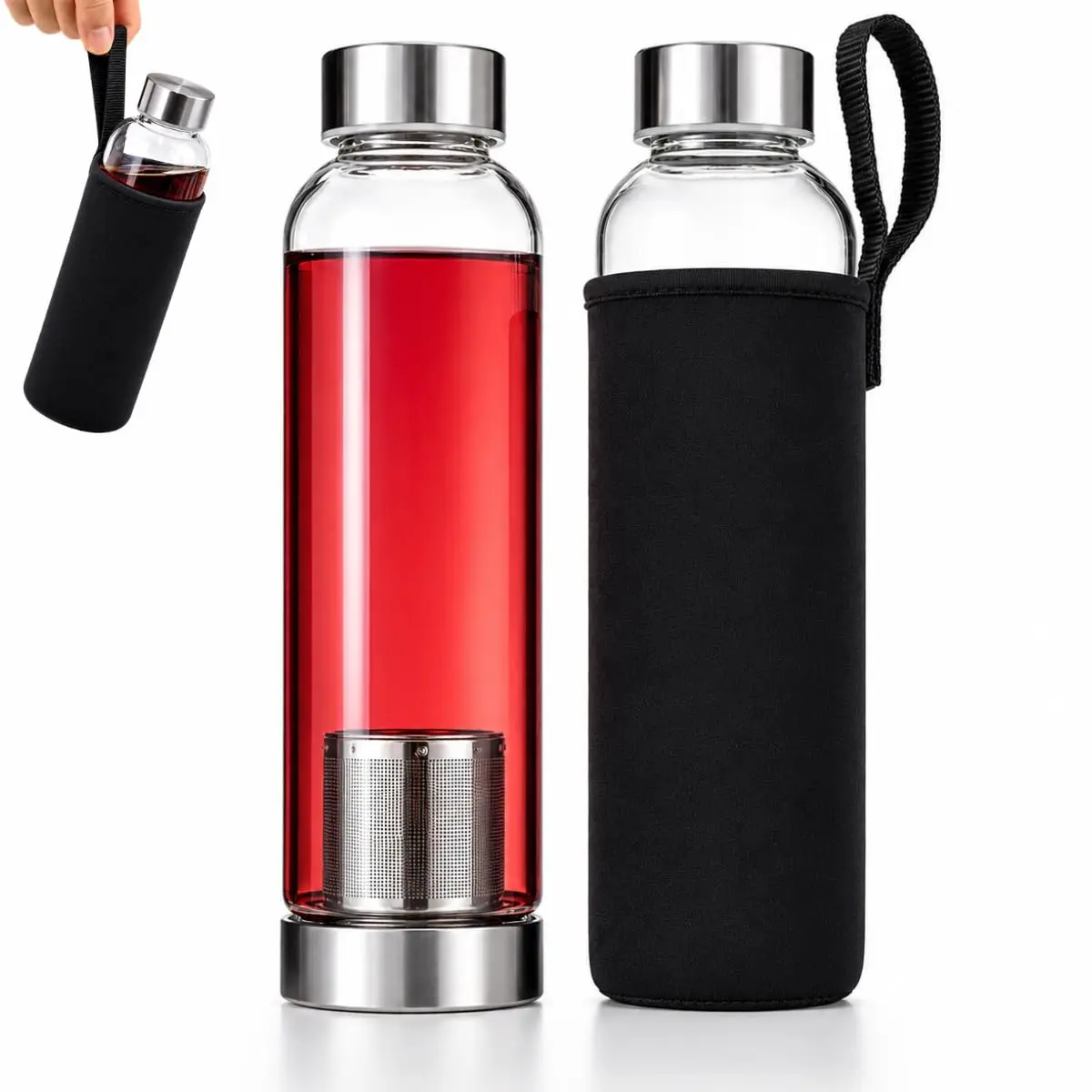 Garrafa de Vidro com Infusor de Chá 550ml, Infusor Inox 304 Removível, Tampa Antivazamento com Silicone, Capa Protetora em Neoprene com Alça, Garrafa Detox para Chás e Águas Aromatizadas