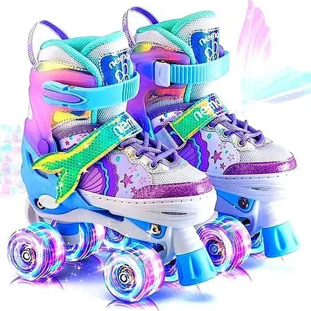 Patins Infantil Sereia 4 Rodas Com Luz De Led Top Patins +Kit Proteção e Sem Kit Proteção Menina Menino Promoção - 1