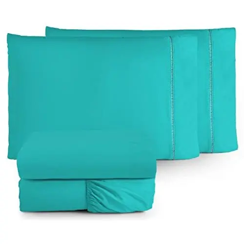 Jogo de Lençol 4 Peças com Ponto Palito 400 Fios Toque Macio (Verde Tiffany, Solteiro)