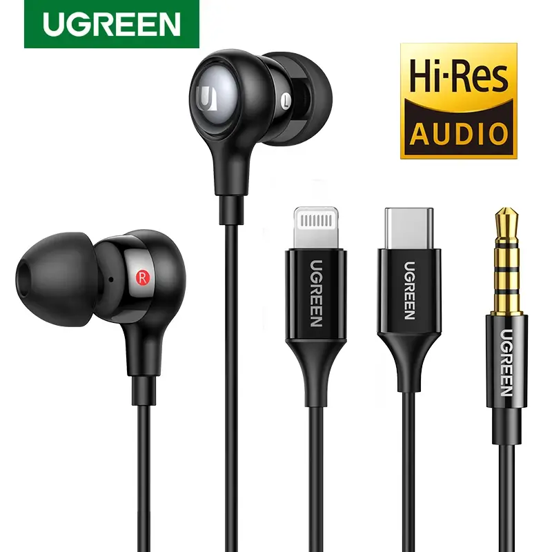 Ugreen com fio fone de ouvido com microfone na orelha 3.5mm cancelamento de ruído usb tipo c relâmpago fones de ouvido para iphone xiaomi fones de ouvido