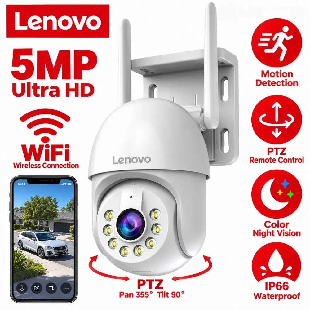 Câmera de segurança de rede Wi-Fi PTZ de 5MP da Lenovo, proteção para uso externo, IP66, à prova d'água, com rastreamento automático, câmera IP para vigilância por vídeo doméstica.