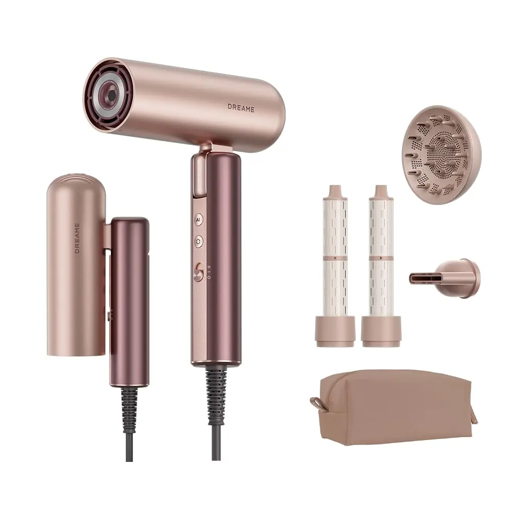DREAME Pocket Aura Secador de Cabelo Portátil Bivolt, Apenas 374g, Dobrável e Leve para Viagens, Motor de Alta Velocidade de 110.000 RPM, Controle Inteligente de Temperatura, Tecnologia de Plasma e Íons, com Acessórios para Modelagem