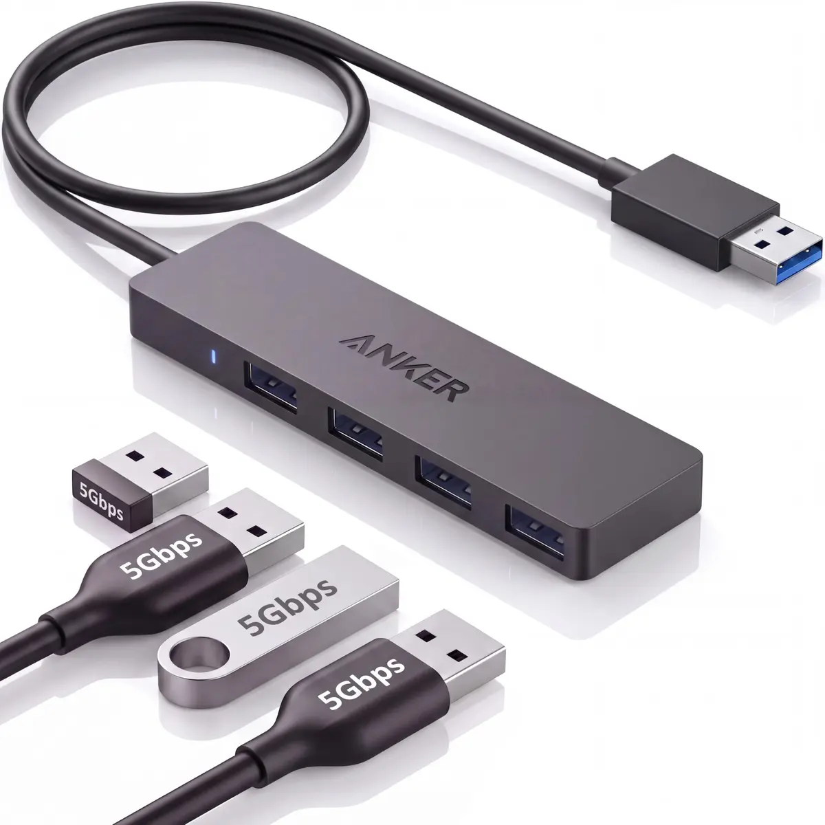 Anker Hub USB 3.0, 4 portas USB A 5 Gbps, 60cm Cabo, Compacto e Portátil | Expansor USB, Fino 1cm, Cabo Flexível e Reforçado, Resistente a Dobras, para MacOS,Window, iPad, iPhone, ChromeOS, Android - 1