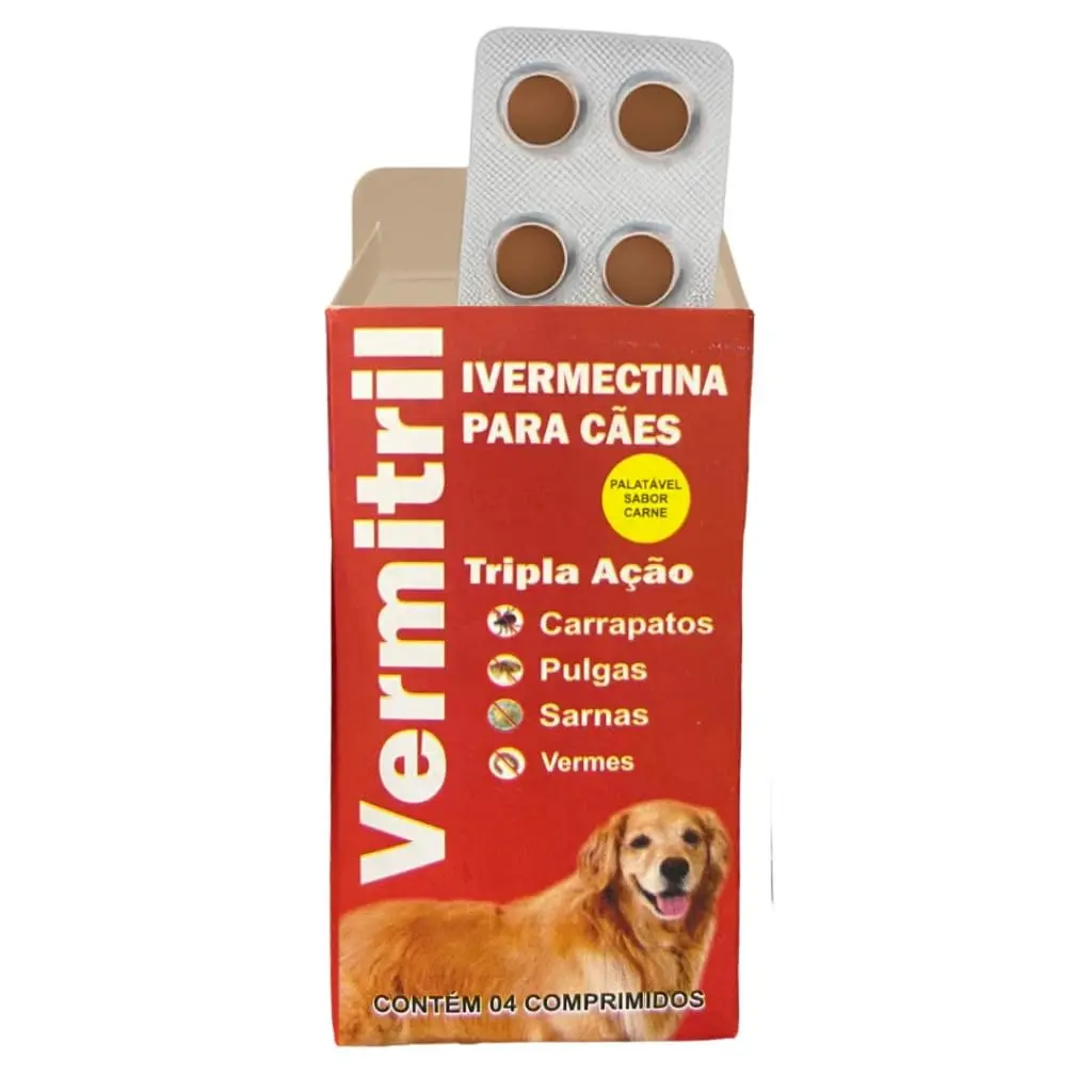 Vermitril - Anti Pulgas, carrapatos, sarnas e vermes - 4 Comprimidos mastigáveis para 15kg cada