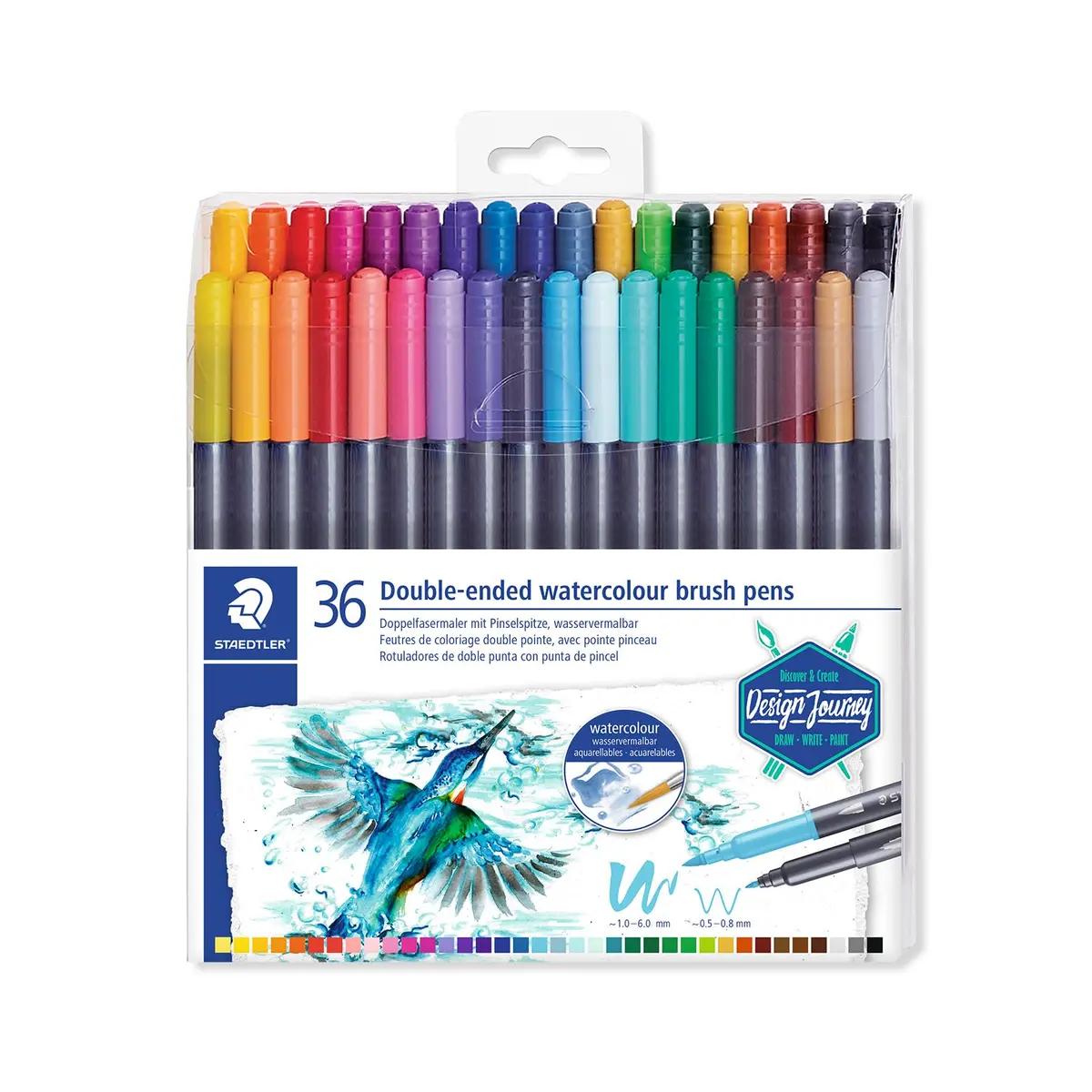 STAEDTLER Caneta Pincel - 36 Cores - 3001 TB36 - Caneta Ponta Dupla - Ponta Pincel Flexível Com Traço Entre 1.0-6.0mm e Ponta Fina Com Traço Entre 0.5-0.8mm, Para Efeitos Aquarela