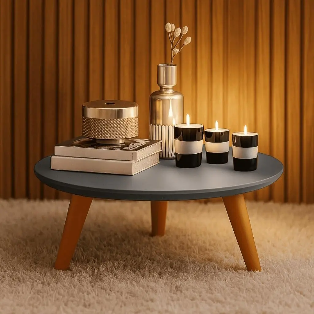 Mesa de Centro Redonda Baixa com Tampo MDF(Cinza) | Tampo em MDF, pés em PVC rígido e cerca de 45 cm de diâmetro para apoio próximo ao sofá - 1