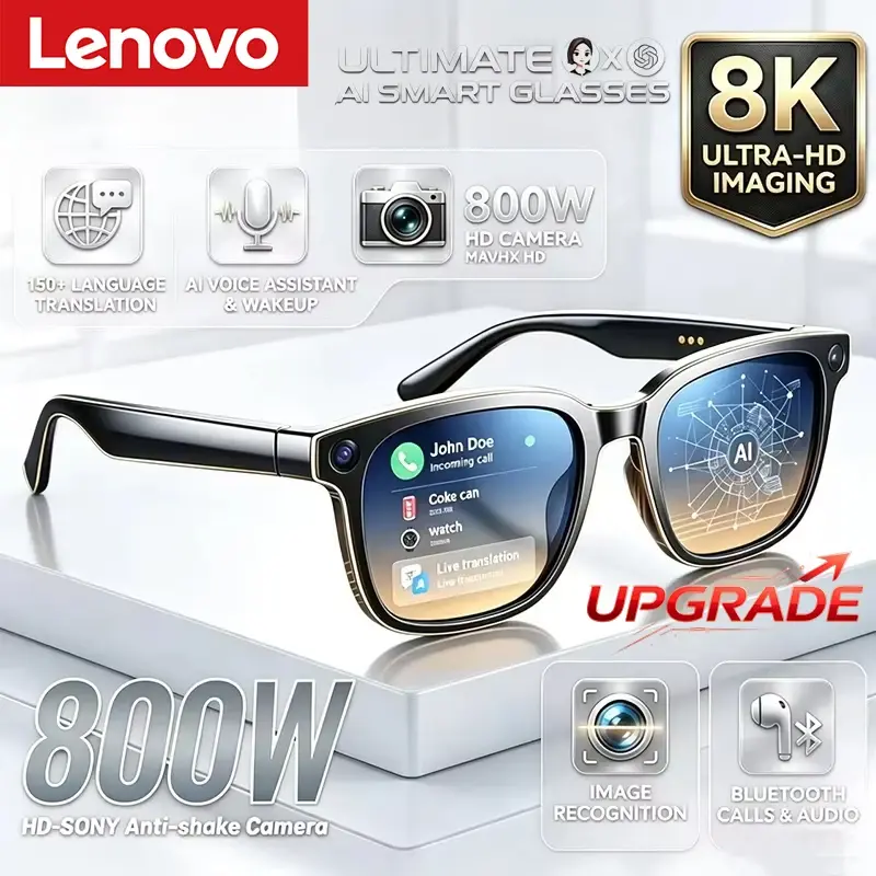 Óculos Inteligentes Lenovo Upgrade com IA, Câmera de Gravação HD 8K 800W, Foto, Vídeo, Chamada de Voz, Tradução, Bluetooth e IA para Motociclistas