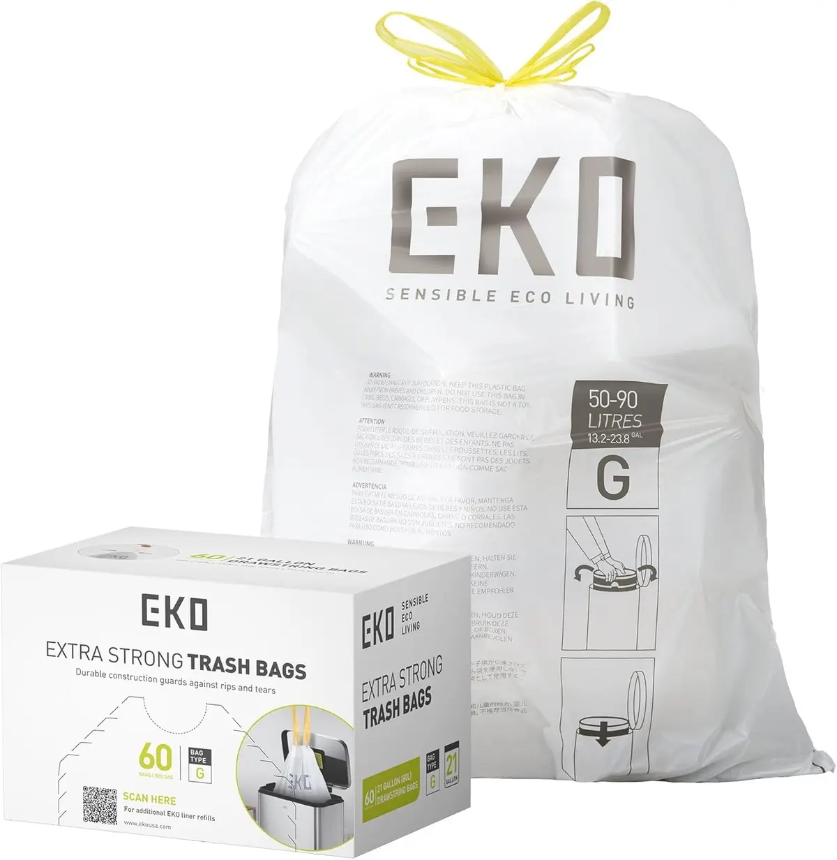 EKO Sacos de lixo de cozinha branco de 78 litros, 60 unidades