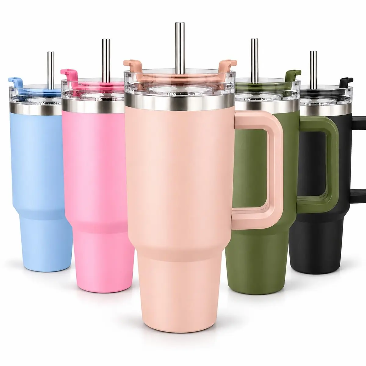 Copo Térmico com Alça e Canudo de Aço Inoxidável 1200ml Garrafa de Agua, Cafe, Cerveja, Refrigerantes, Sucos, mantem a bebidas frias ou quentes (Rosê) - 1