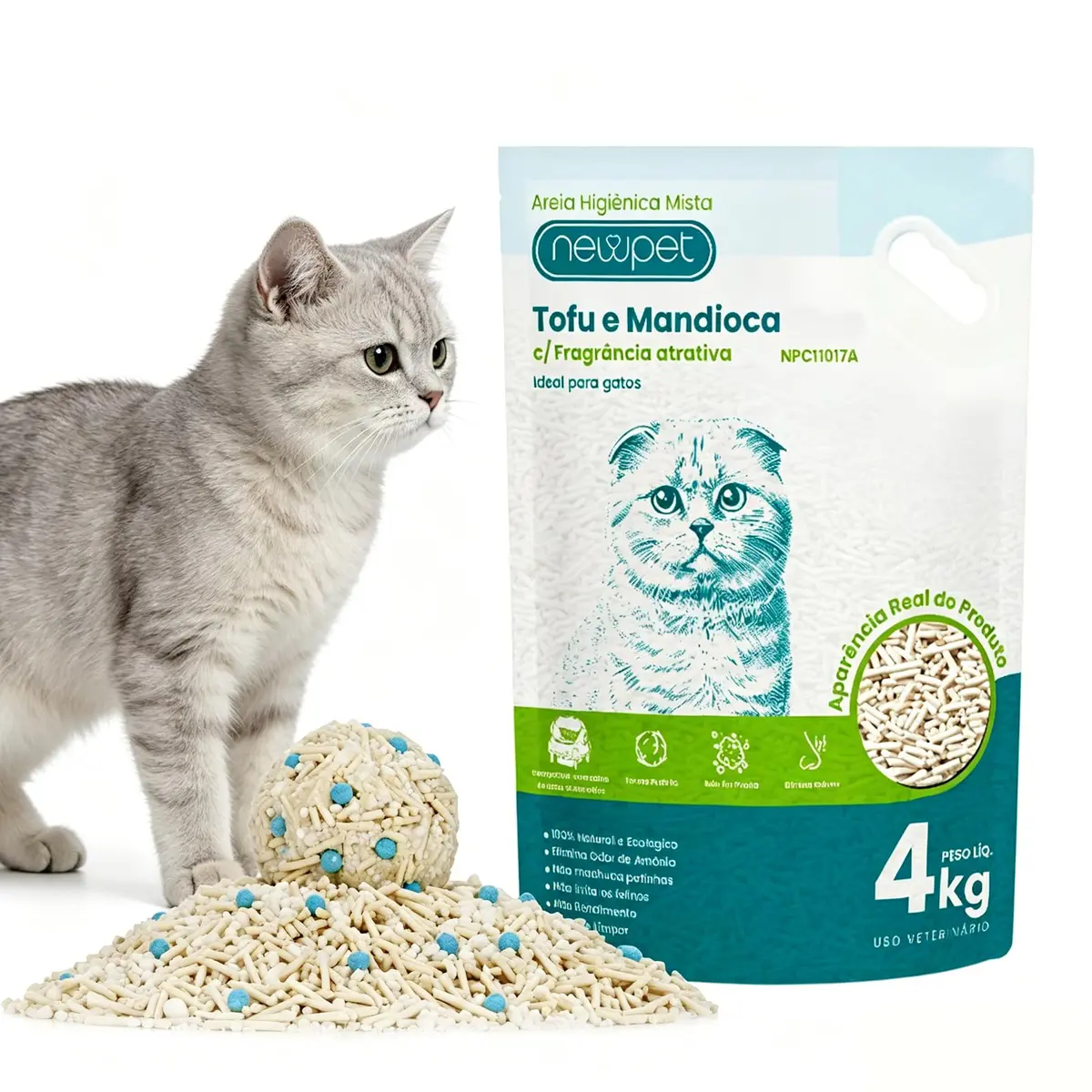 NEWPET Areia Para Gatos Tofu Com Mistura De Tapioca, Areia Higiênica para Gatos Biodegradável I Aglomeração Rápida, Controle De Odores, Ingredientes De Origem Natural Vegetal, Não Gruda (4KG)