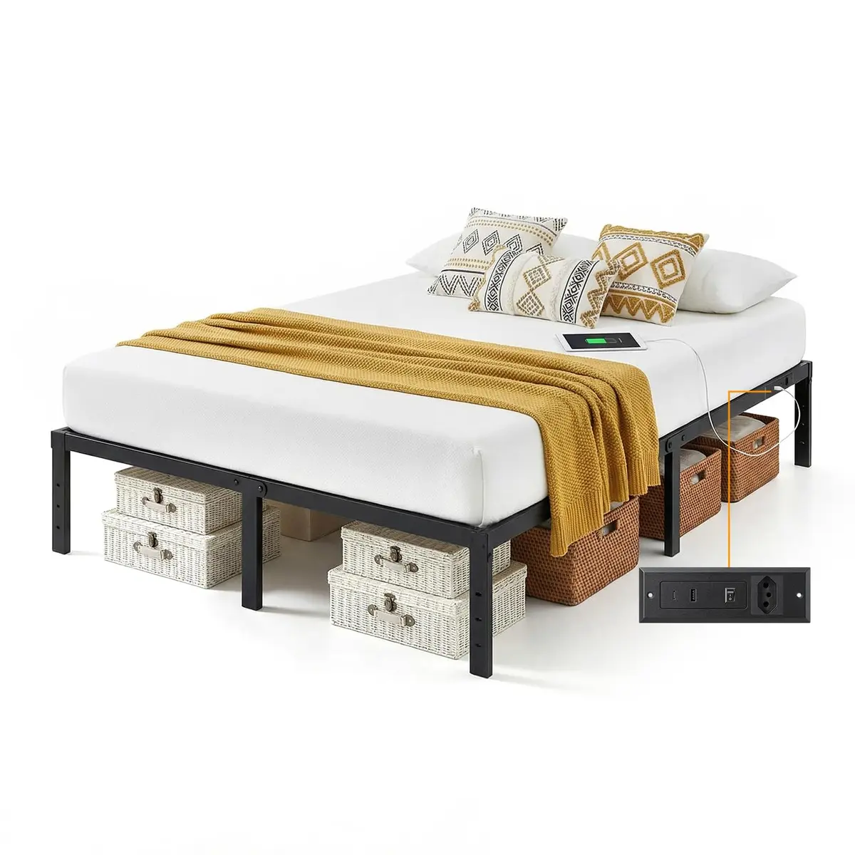 Estrutura De Cama De Metal, Cama Suspensa Casal, Com e Tomada, Suporta até 400KG, Design Moderno, Fácil de Montar, 190cm*140cm, Preto