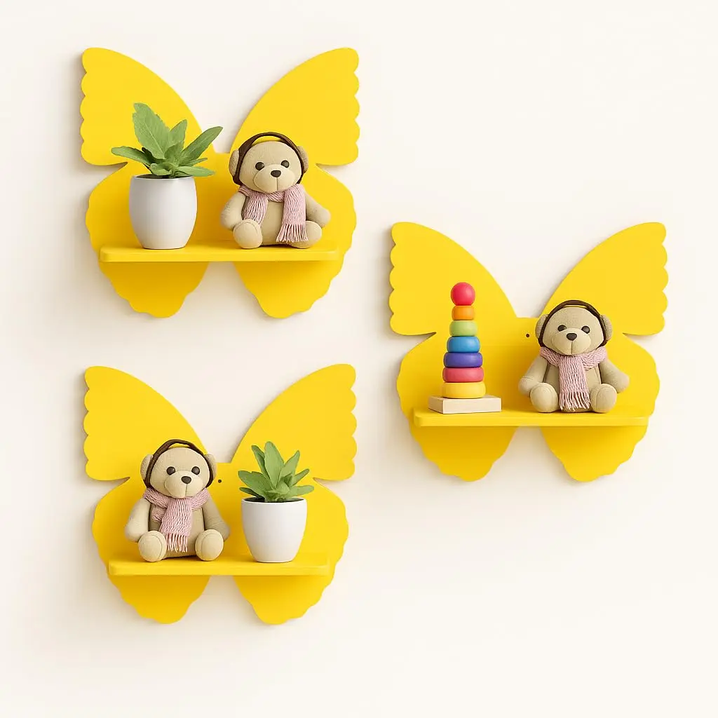 Kit 3 Prateleiras Borboleta em MDF para Quarto Infantil(Amarelo Tucano) | Kit com 3 prateleiras infantis em formato de borboleta, com painel em MDF de 3 mm, base em MDF de 6 mm e kit de instalação - 1