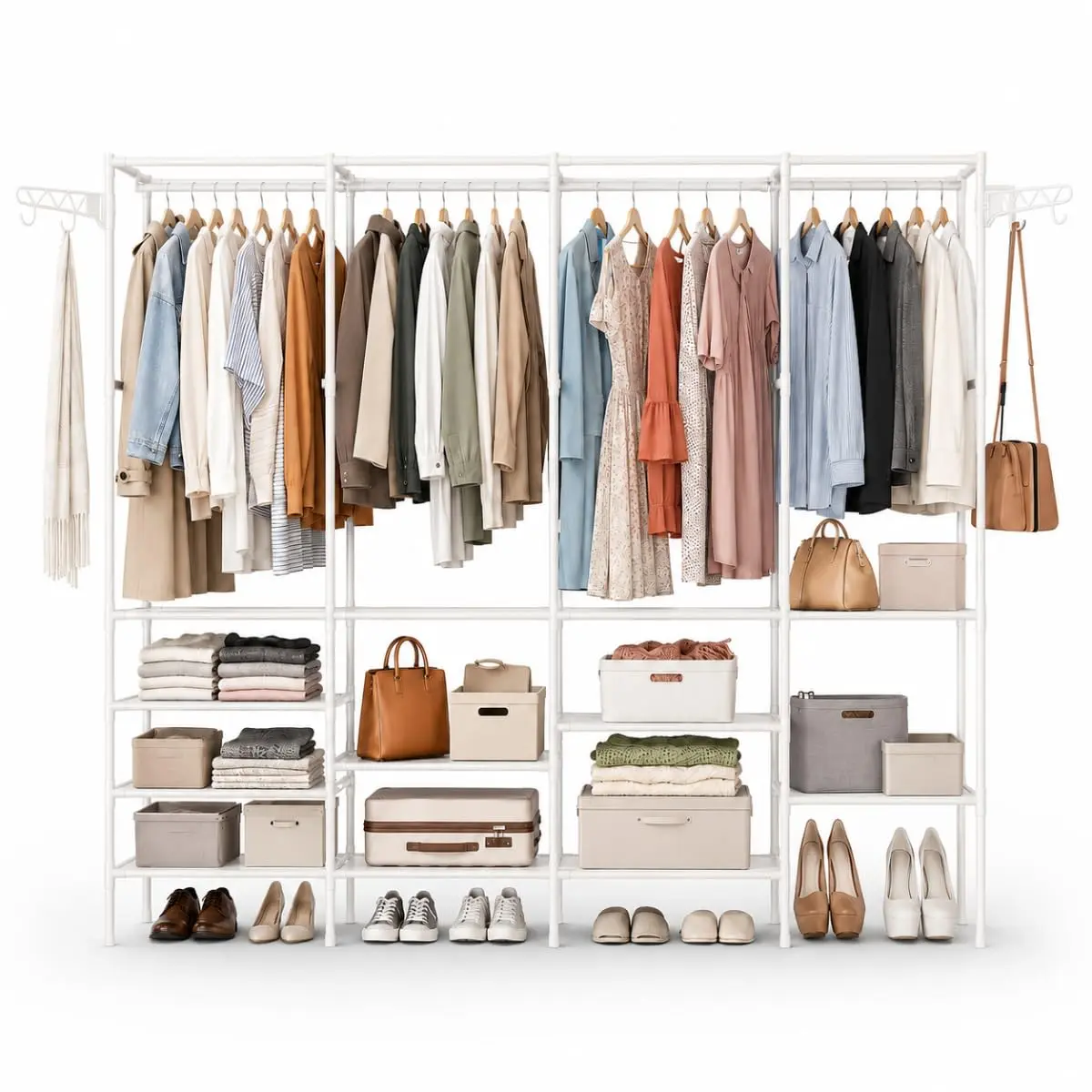 Closet Aberto Modular com 4 Colunas Arara de Roupas Cabideiro de Metal para Quarto ou Loja Guarda-Roupa Sem Portas de Alta Capacidade