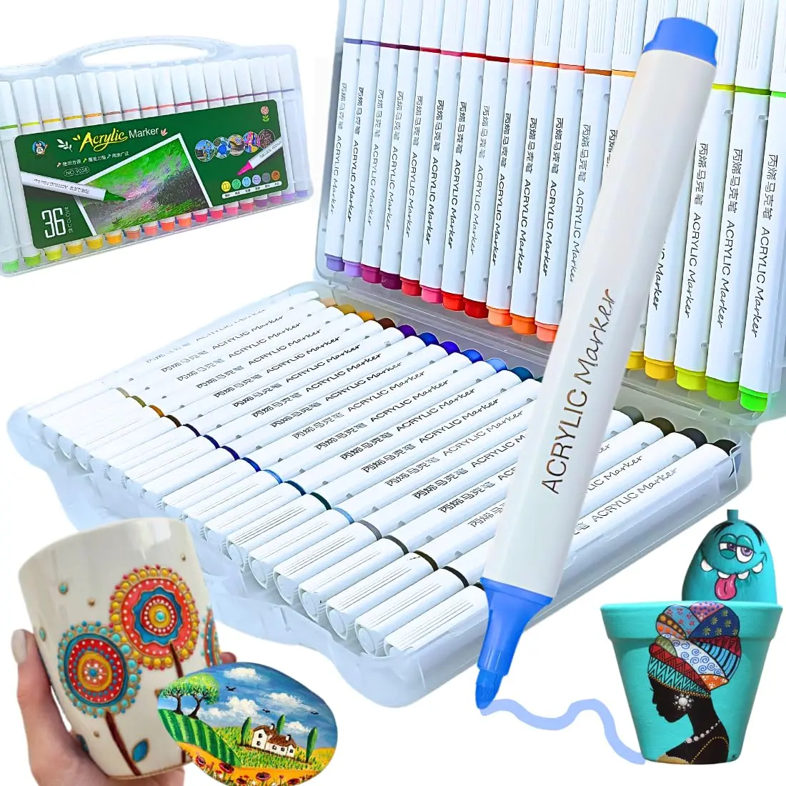 Marcadores Tinta Acrílica Base Água 36 Cores Ponta Média Corpo Triangular | Kit 36 canetas de tinta acrílica à base de água para madeira tela cerâmica tecido papel e cartão em artesanato - 1