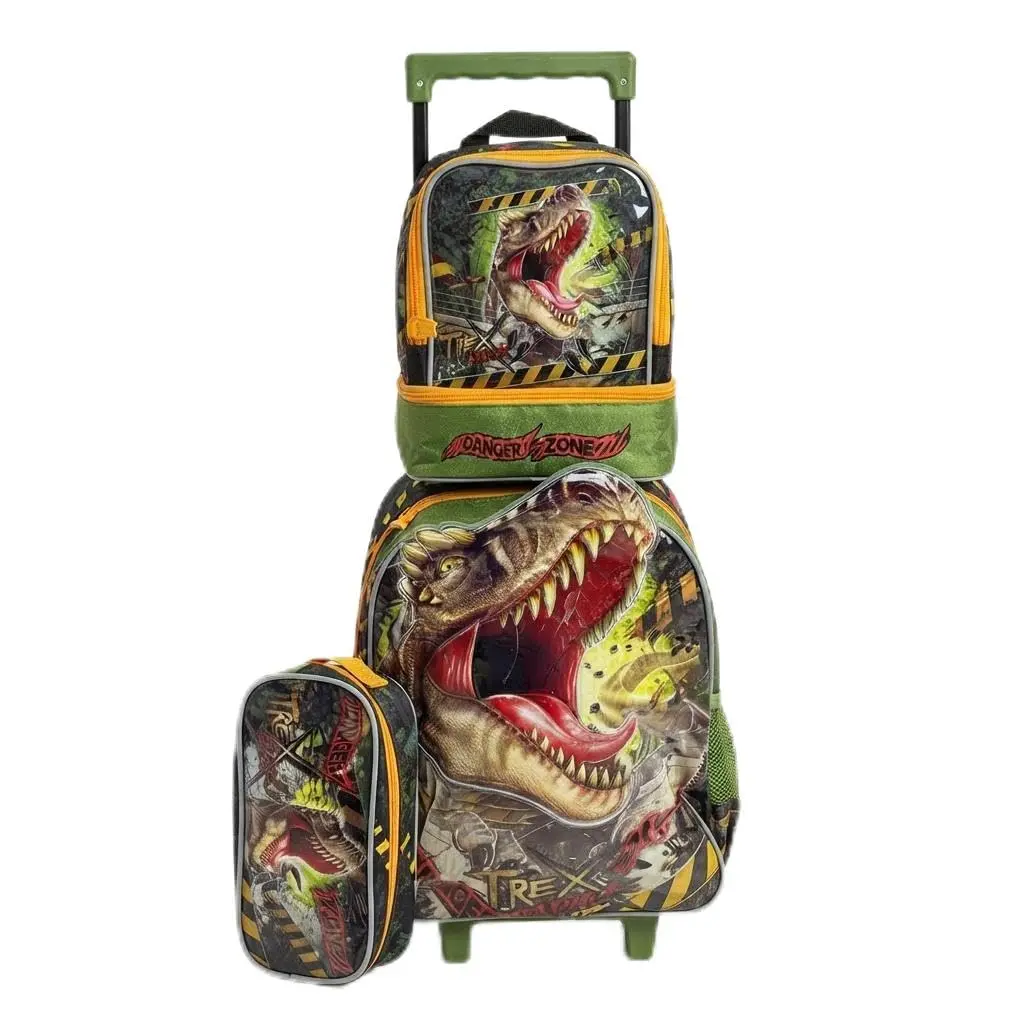 Kit Mochila de Rodinhas Infantil Dinossauro T-Rex + Lancheira + Estojo | Kit escolar completo T-Rex com mochila de rodinhas, lancheira e estojo. Produto resistente e perfeito para a escola!