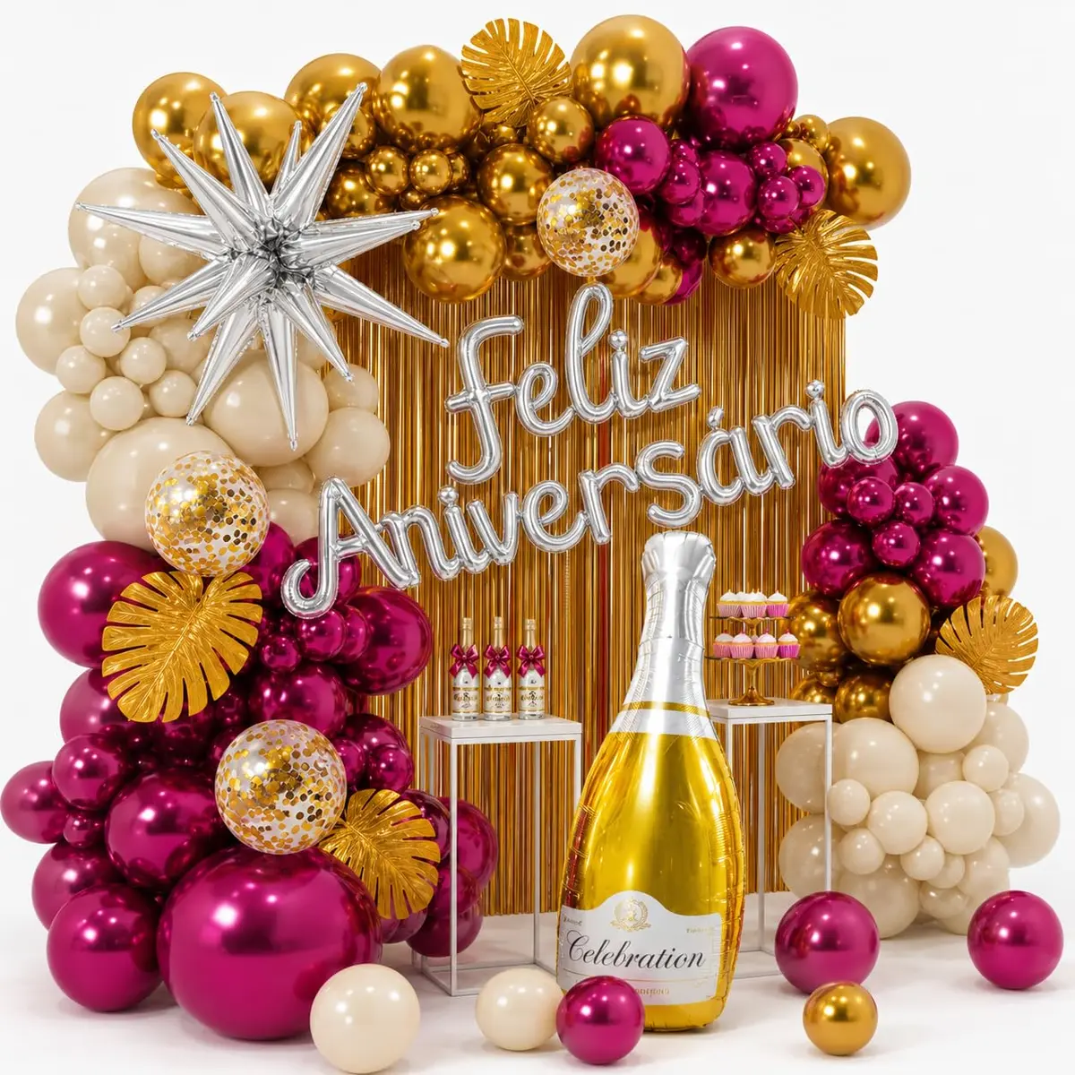 Kit Decoração de Aniversário com Balões, Letreiro e Cortina Pink | Ideal para festa adulta e infantil. Inclui balões, letreiro luminoso e painel decorativo